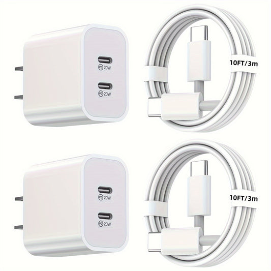 2Pack Dual Port USB C Charger With 10FT Long USB C Charging Cable